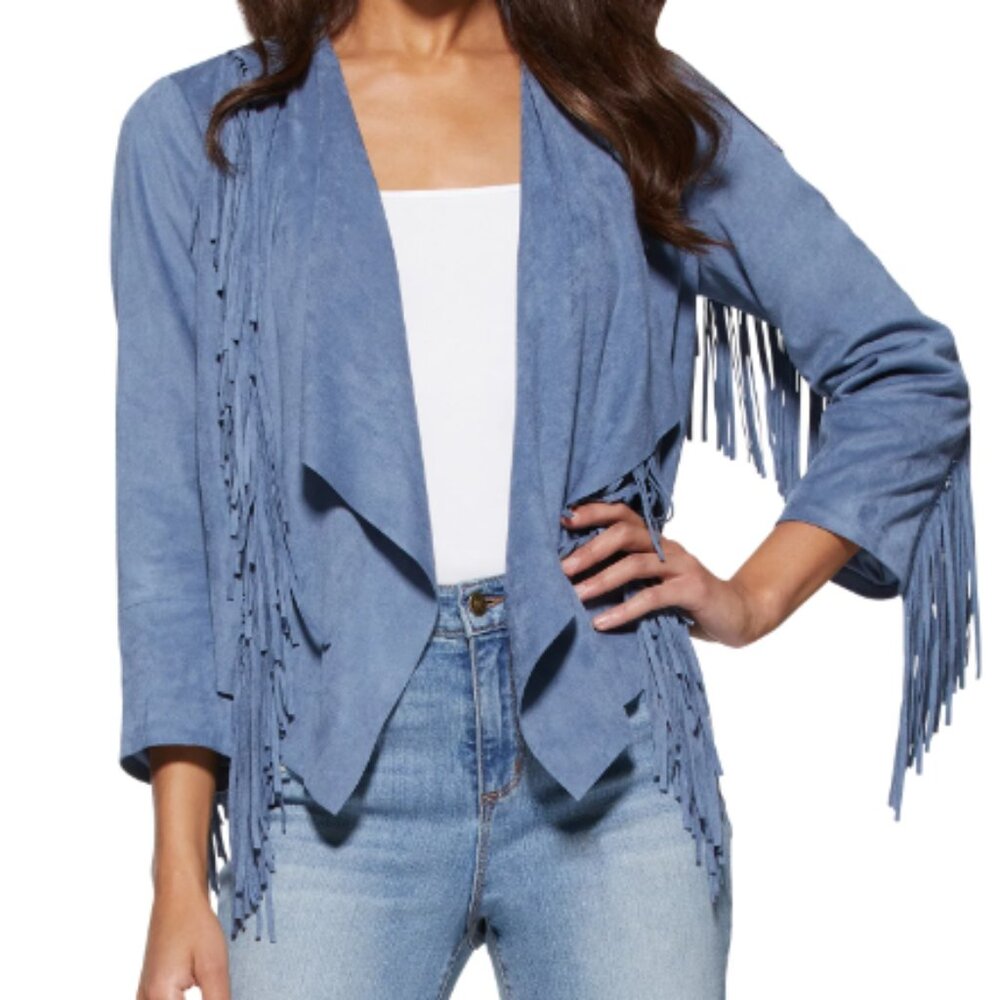 Women's Blue Fringe Open Front Jacket